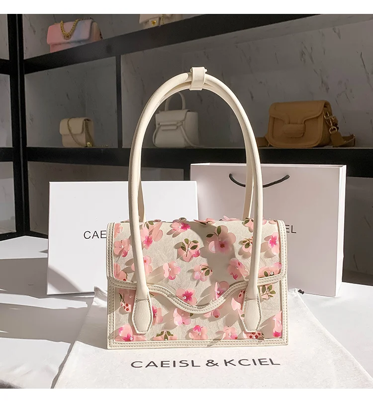

New Fashion Women's Fashion Pink Floral Pattern Square Textured Leather Arm Bag Lady Arm Bag