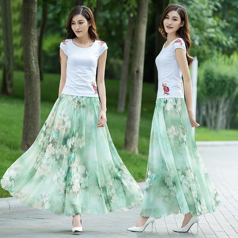 

New High Waist Skirts Womens Summer Autumn Elastic Waist Full Long Skirt Print A-Line Mother Dance Skirts Swing Chiffon Skirt