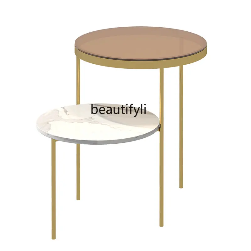 

zq Table Double-Layer round Bedside Small Table Tempered Glass Stone Plate Living Room Corner Table Balcony New Round Table