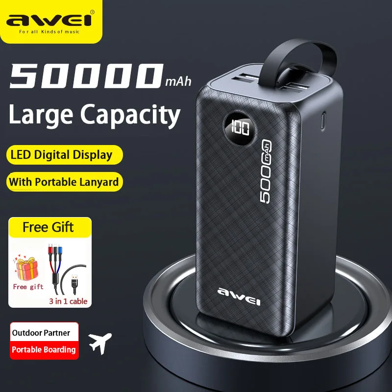 

Awei P36K Powerful Power Bank 50000mAh PD 22.5W Spare External Battery Fast Charge Portable Powerbank With LED Digital Display