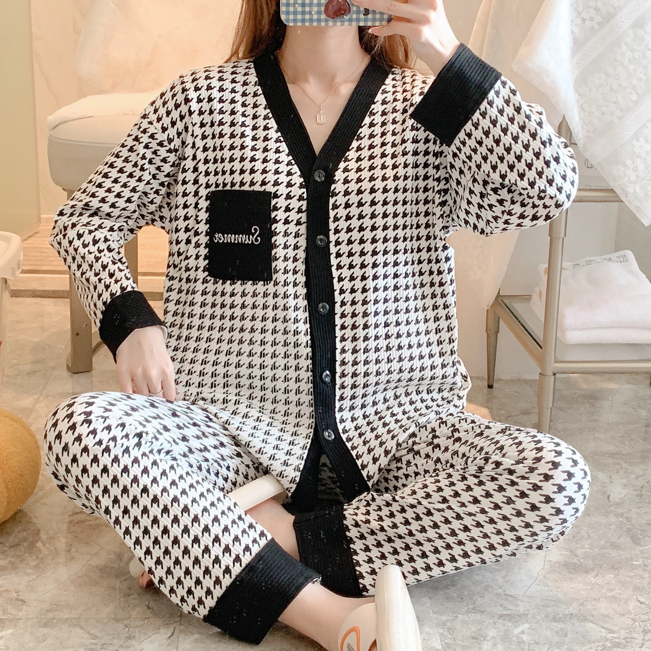 

Весенне-летние тонкие трикотажные хлопковые комплекты одежды для сна для беременных и кормящих матерей пижамные костюмы для грудного вска...