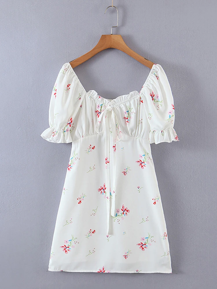 

Vintage Women Drawstring Square Collar Dress Summer Puff Sleeve Floral Print White Mini Dresses 2022 jurken