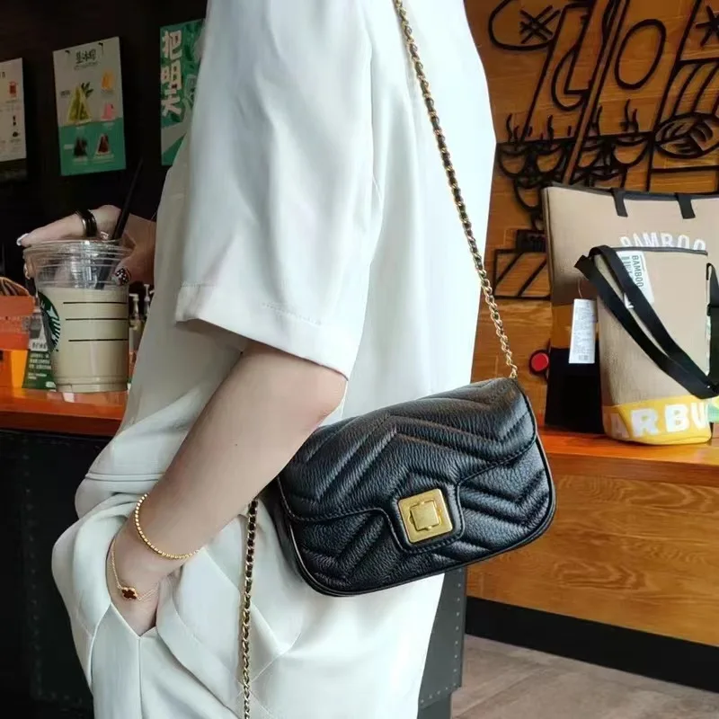 

New top layer cowhide single shoulder diagonal cross diamond grid chain bag versatile and fashionable bag for women