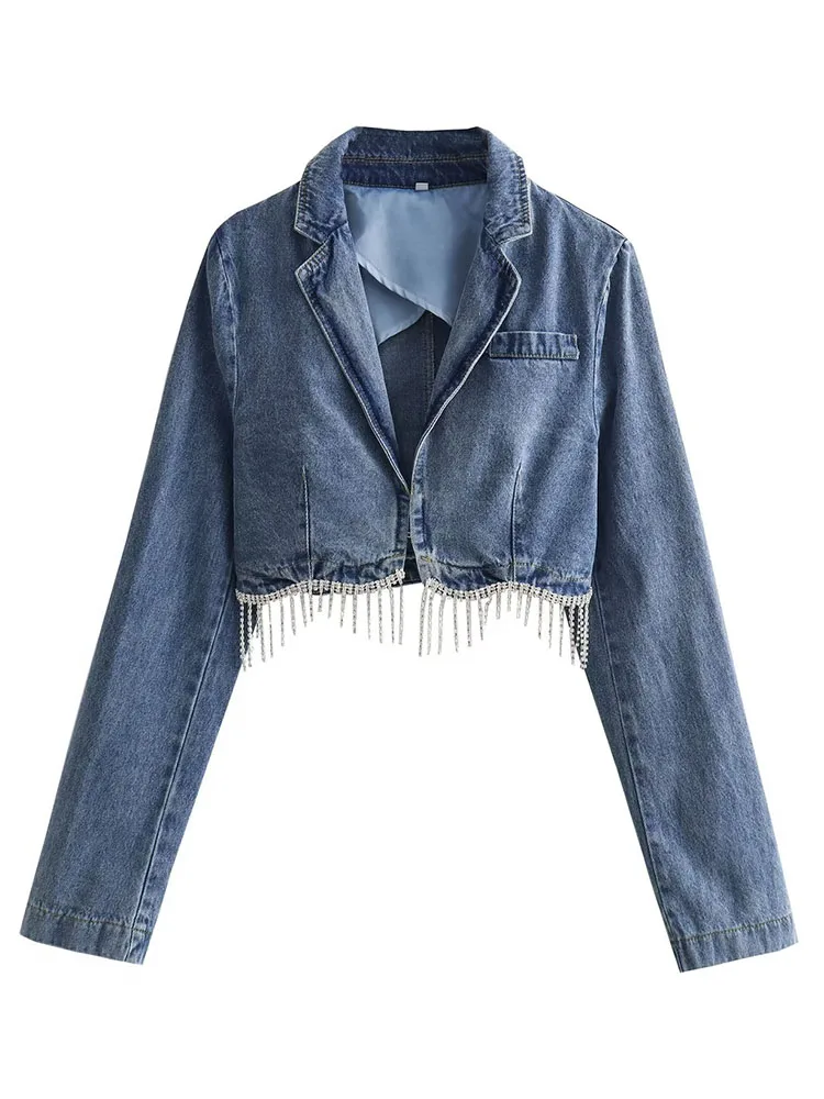 

TRAF Women Blazer Collar Denim Jackets Autumn Female Fashion Clothing Hem Gemstone Decoration Long Sleeve Short Jacket Coat