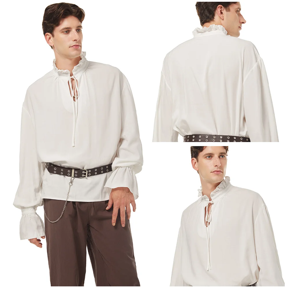 

Medieval Vikings Shirts Ruffled Victorian Pirate Cosplay Costume Lace Up Shirt Belt Outfits Halloween Carnival Suit