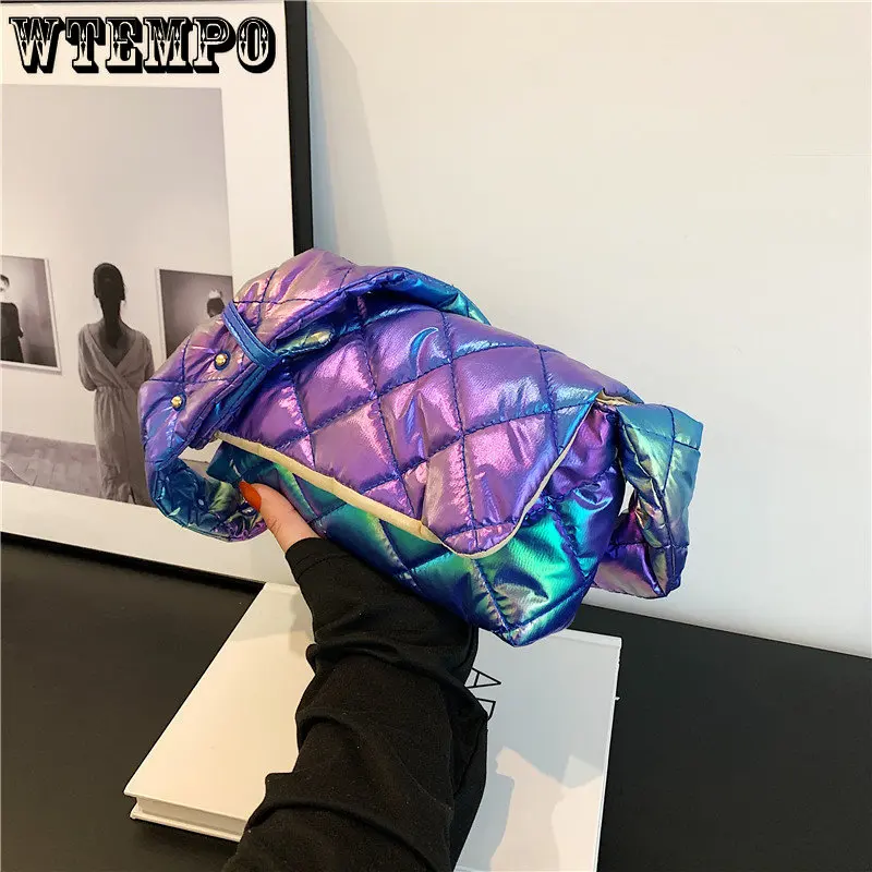 Quilted Women Messenger Bag Fashion Check Cotton-Padded Bag Nylon Buckle Autumn Winter Flap Soft Solid Color for Shopping Travel