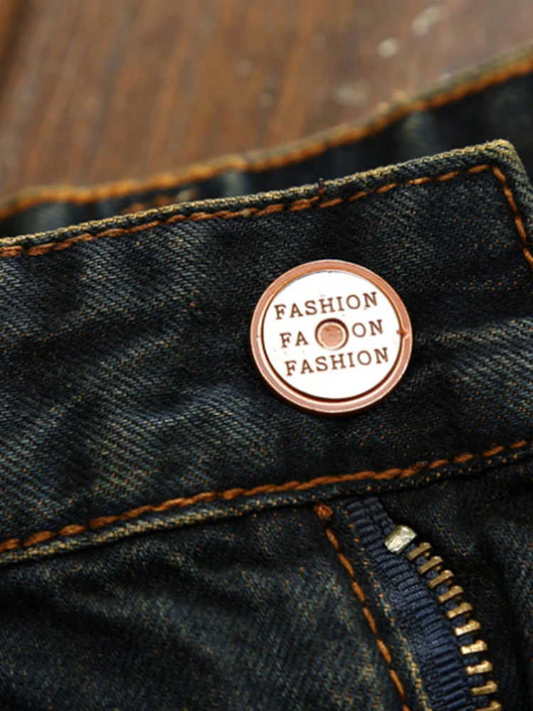 American Street Men's Straight Jeans College Students Casual Qyality Retro Blue Cotton Pants Style Hole Design Denim Trousers