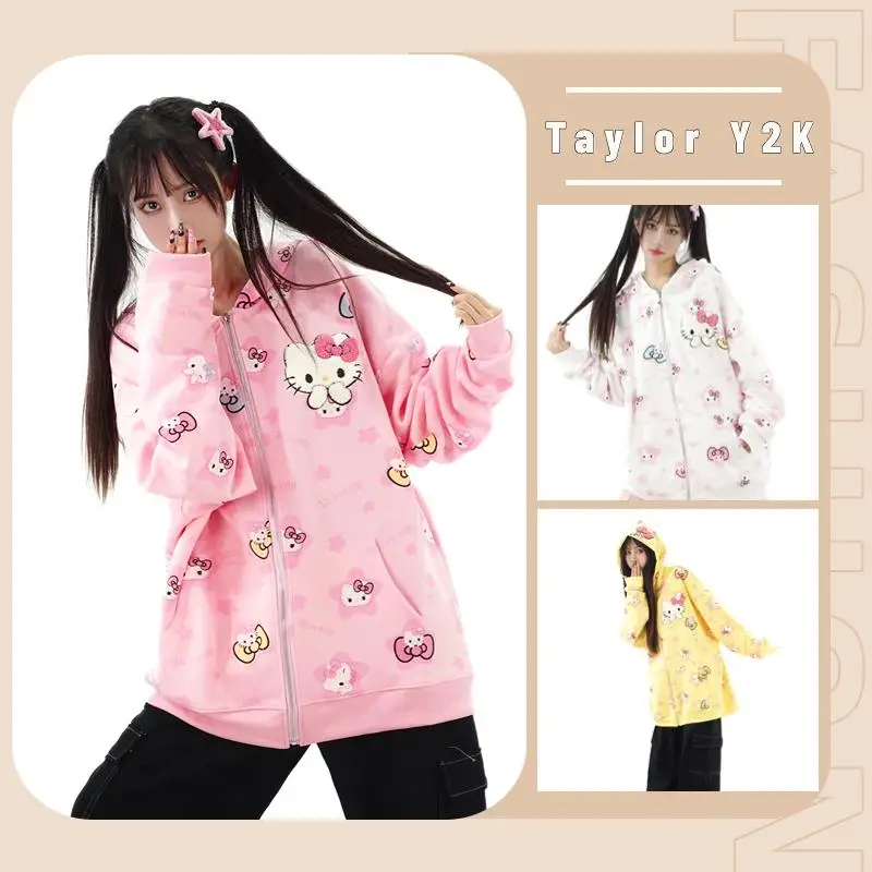 

Kawaii Sanrio Hello Kitty Sweater Cartoon Anime Y2K Girls American Vintage Hooded Zipper Cardigan Hoodies Couple Coat Winter