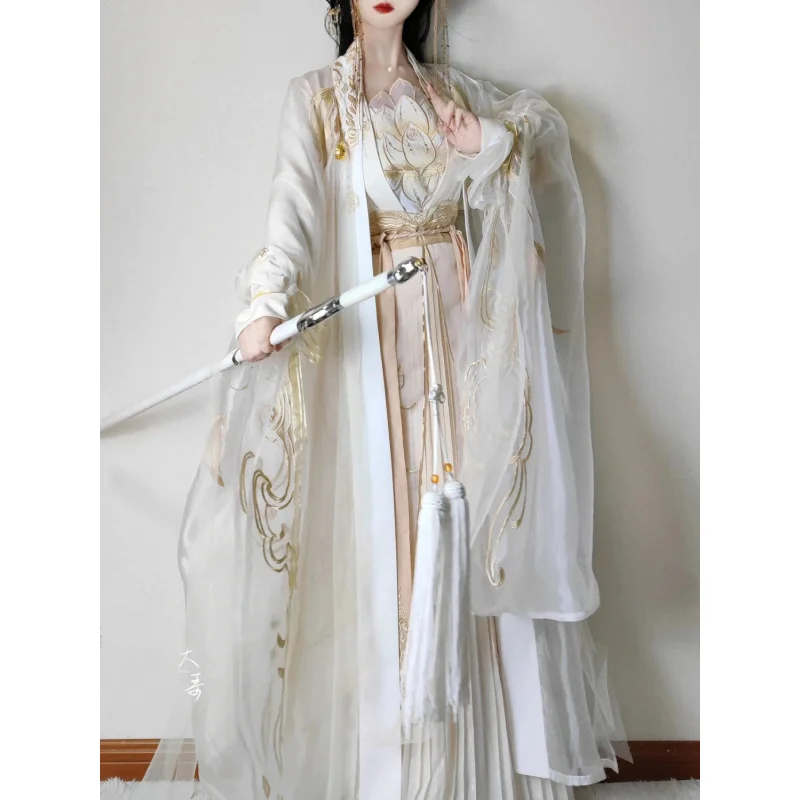 Фото Song Dynasty Hanfu — женский комплект Ruqun с вышивкой золотых перьев — элегантный сказочный стиль с широкими рукавами, новая коллекция весны и лета №5