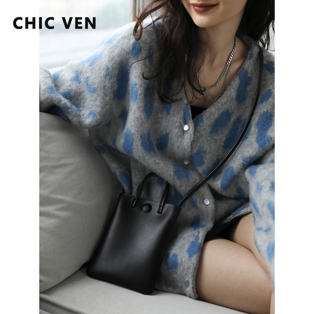 CHIC VEN Retro Leopard Tie Dye V-neck Mohair Knitted Cardigan Coat for Women  New Fashion Vintage Sweater Spring Autumn 2022