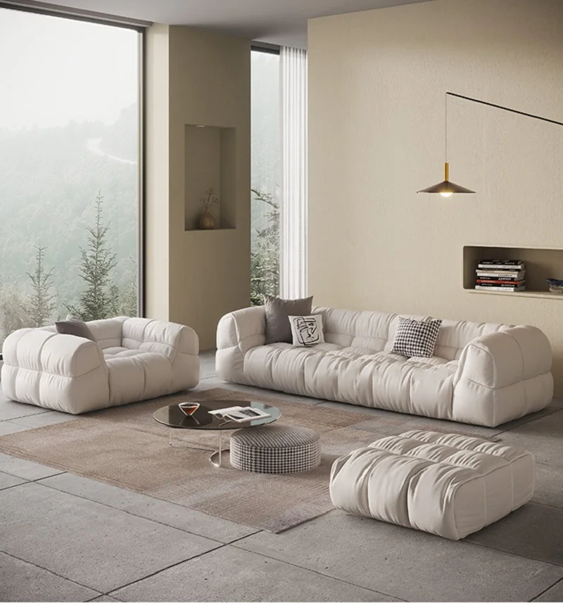 Italian cotton candy leather sofa, cream style French living room, minimalist modern small unit, top layer cowhide sofa