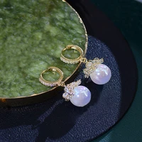 luxury cute austrian round crystal zirconia stud earrings women wedding imitation pearl snowflake bride girl jewelry gift 2022