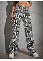 ladies fashion week street white denim letter print net celebrity hip hop jeans straight leg pants