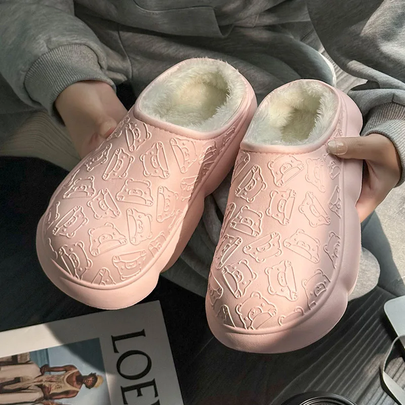 Зимние плюшевые меховые сабо мужские и женские тапочки мультяшный медведь для