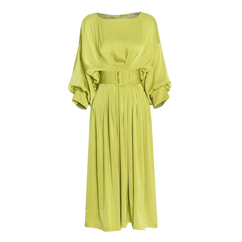 

Urban Fashion Elegant Drape Long Skirt 2022 New Round Neck Mid-sleeve Waist Design Smooth Dress Women Robe Traf Dress For Women