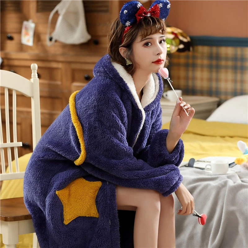 Warm Winter Cartoon Sleepwear Pyjamas Robes with Pants Kawaii Robes Winter Warm Coral BathrobeFleece Nightdress Flannel Bathrobe