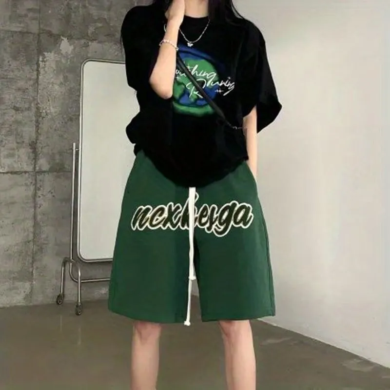 Vintage Shorts Women's Summer New Letter Embroidery High Waist Wide Leg Casual Basketball Short Pants Fashion