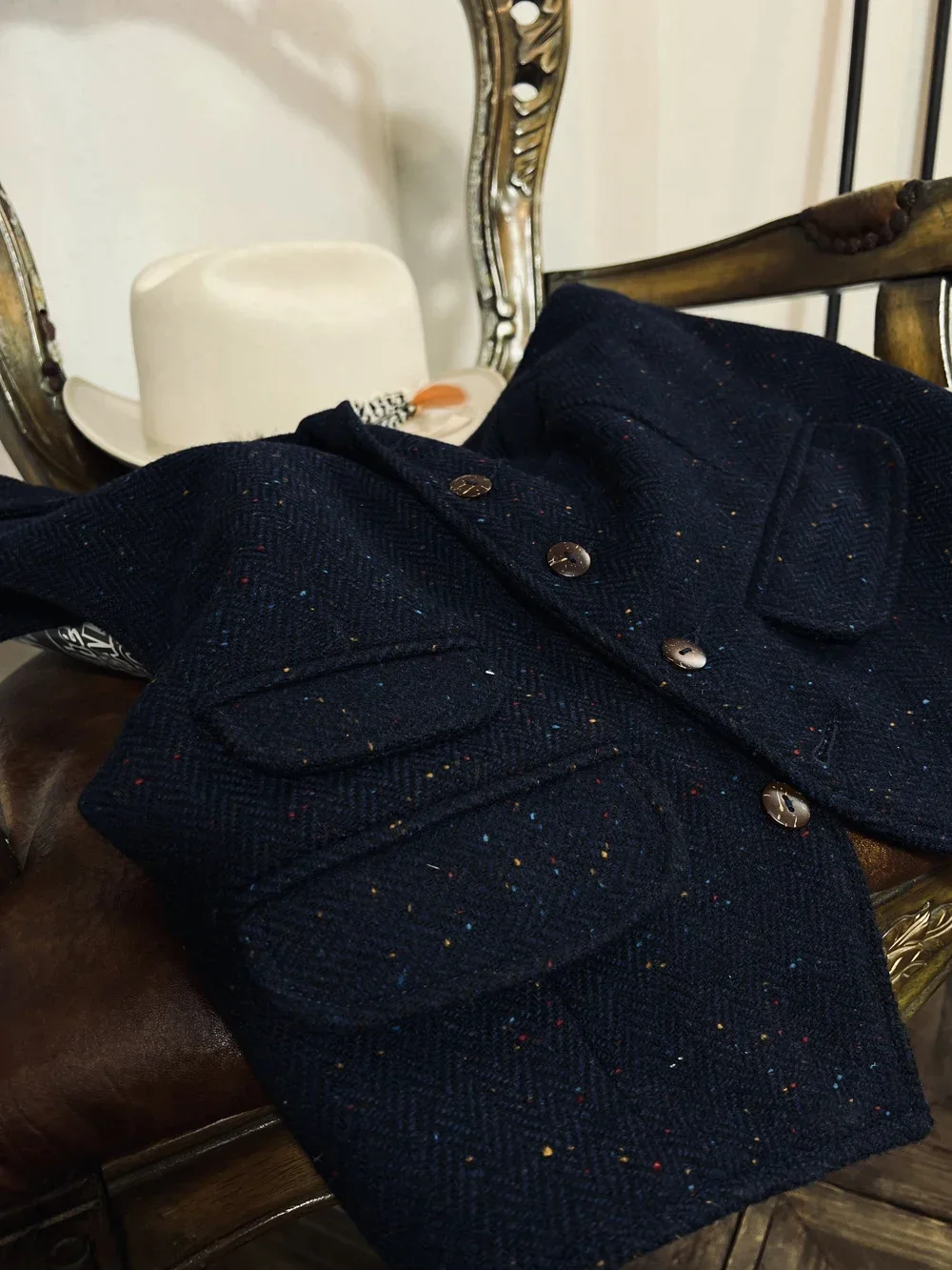 Тупая бритва Корея 85% тяжелая шерсть цветной твид в горошек 580 г винтажный жилет