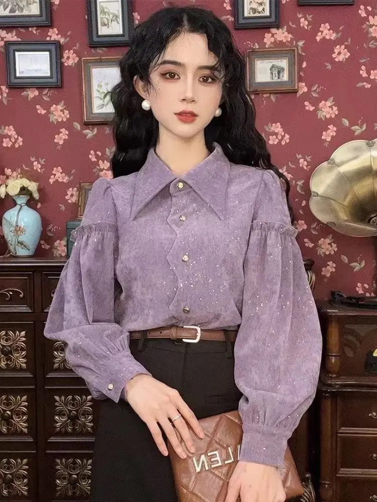 Женская дизайнерская рубашка в стиле ретро с длинным рукавом весенне-осенняя
