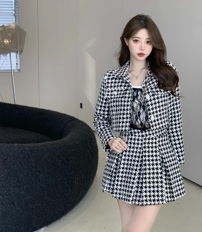 

Temperament Matching Sets Retro O Tweed Plaid Jacket Short Long Sleeve Cardigan Slim Top Mini Houndstooth Pleated Skirt Chic