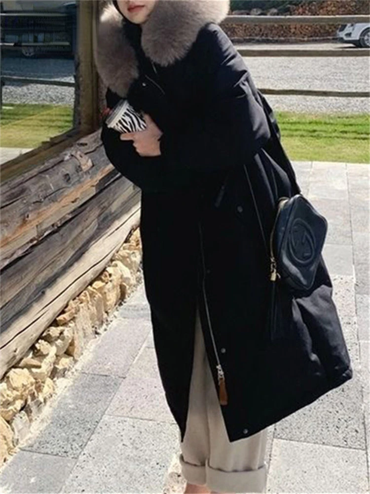 Fur Collar Hood Long Jacket for Women Fall Winter Coats 2022 Korean Fashion Casual Elegant Ladies Thicken Warm Parkas