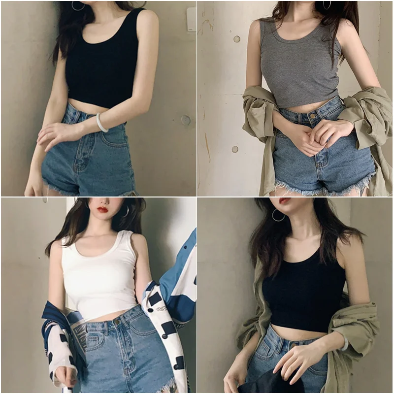 

Summer Black Women's Fashion Crop Tops Round Neck White Sleeveless Tank Tops 3 Colors Short Sports Inner Bottoms Hyuna Outer Tig