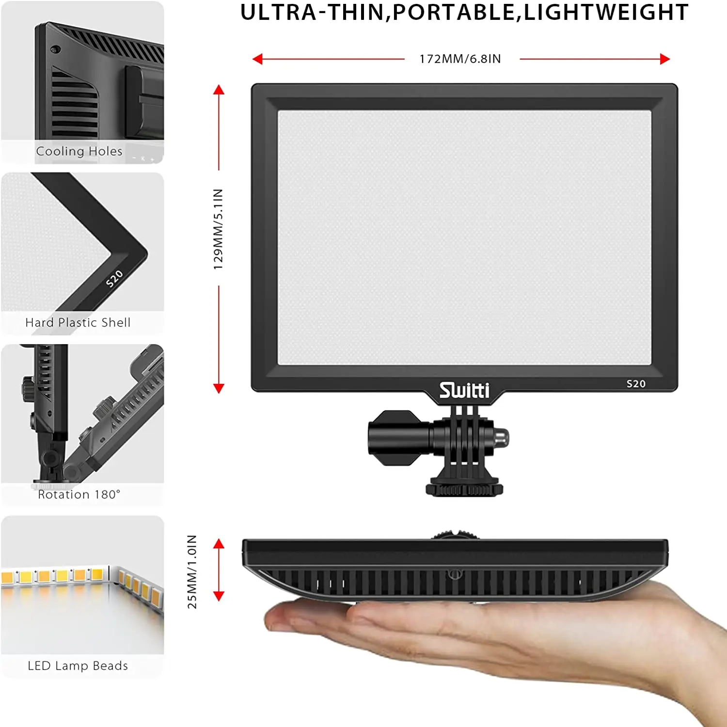 Switti S20 On-Camera Video Lights, Mountable LED Light for DSLR Cameras/Camcorder | for Vlogging, Photography, Video, YouTube |