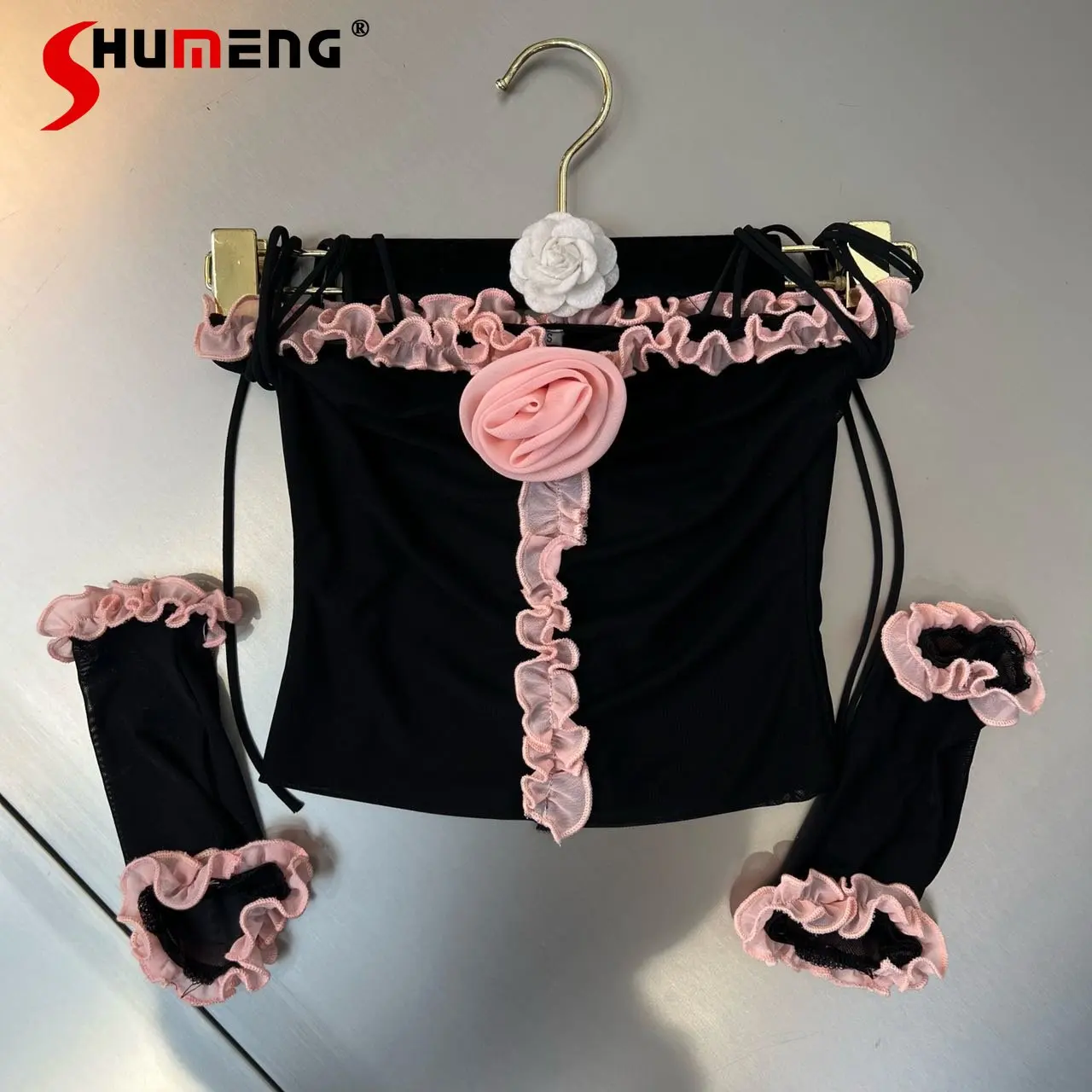 

Summer 2023 Ruffles Lace Contrast Color Flower Slim Fit Slimming Lace Up Tube Top Vest Crop Top with Oversleeves Two-Piece Suit