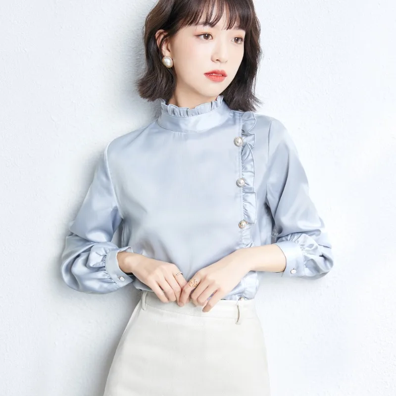 

Solid Women's Shirts Summer 2023 New Chiffon Casual Blouses Loose Ruffle Long Sleeves Tops O-neck Ladies Clothing YCMYUNYAN