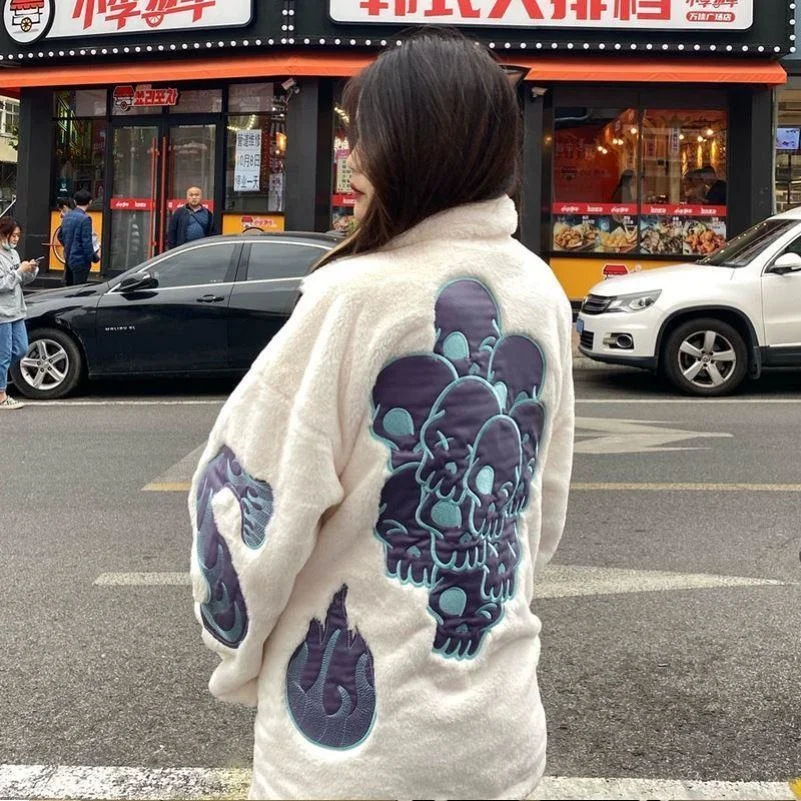 

Y 2k Gothic Punk Lamb Sweater Jaket New In Graphic Skull Head Trendy Hippie Plus Coat Women Hip Hop Black White Hoodie Yk2 Tops