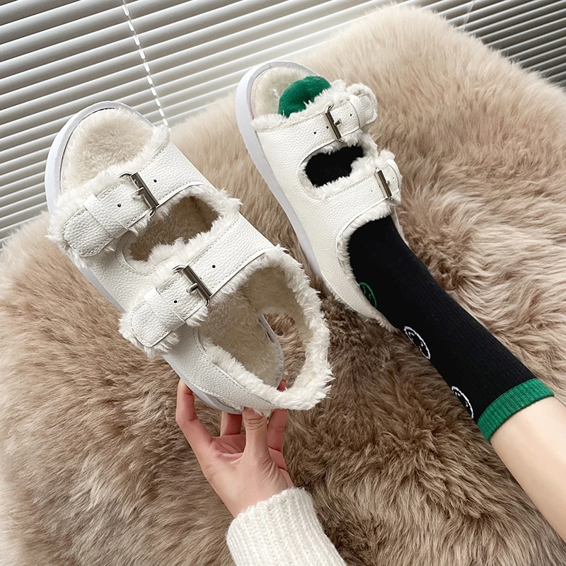 Women Wool Furry Fur Sandals Double Buckle Band Cotton Sandales Female Winter Shoes Celebrity Add Cashmere Sandalias Mujer 2021