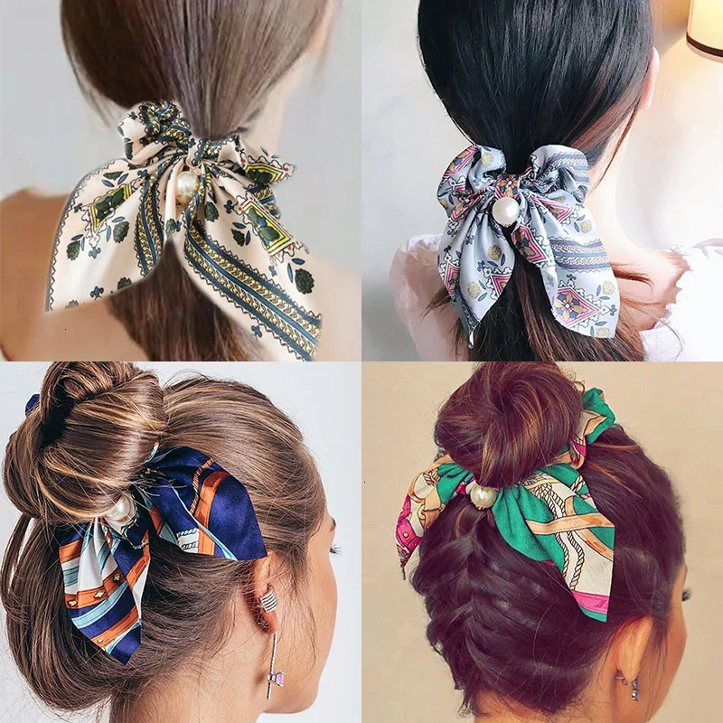 

New Women Elegant Vintage Print Bow Knot Pearls Elastic Hair Bands Sweet Headband Rubber Band Scrunchie Fashion Hair Accessories