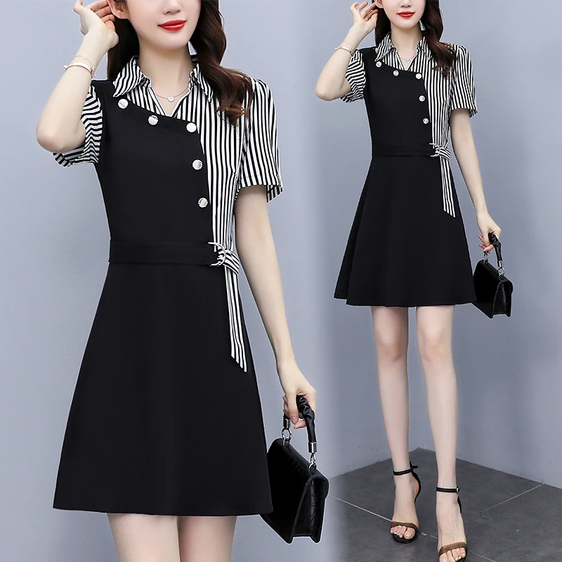 

Женское платье-рубашка в полоску, с коротким рукавом