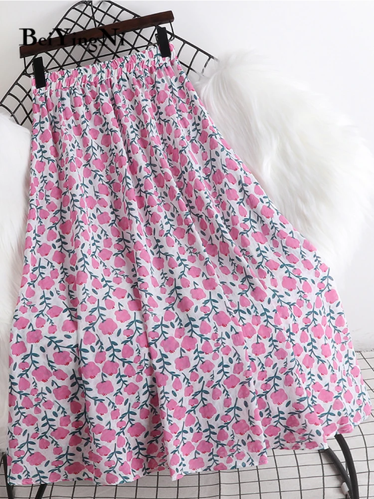 

Beiyingni Women A-line High Waist Skirt Floral Printed Vintage Casual Korean Streetwear Black Skirts Lady Chiffon Summer Faldas
