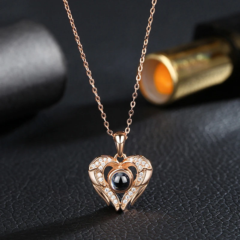 Angel Wings S925 Custom Projection Necklace With Rose Gift Box For Girlfriend Gifts 2022 New In Fashion Romantic Heart Jewelry