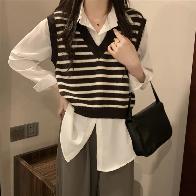 

All-Match Spring Autumn Woman Solid Casual Knitted Vest Pullover Top Women's Loose Soft Warm Sweater Gentle Stripe