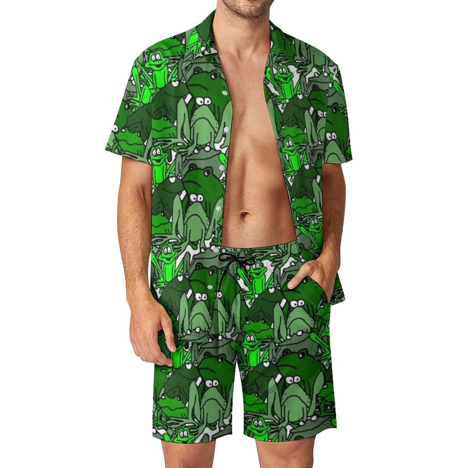 

Frog Cartoon Beach Men Sets Funny Many Frogs Green Pattern Casual Shirt Set Summer Custom Shorts Two-piece Cool Suit Plus Size