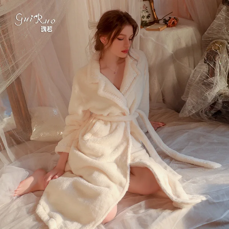 

Nightwear Winter Flannel Women Kimono Bathrobe Gown Sleepwear Thick Warm Nightgown Hotel Casual Dressing Gown