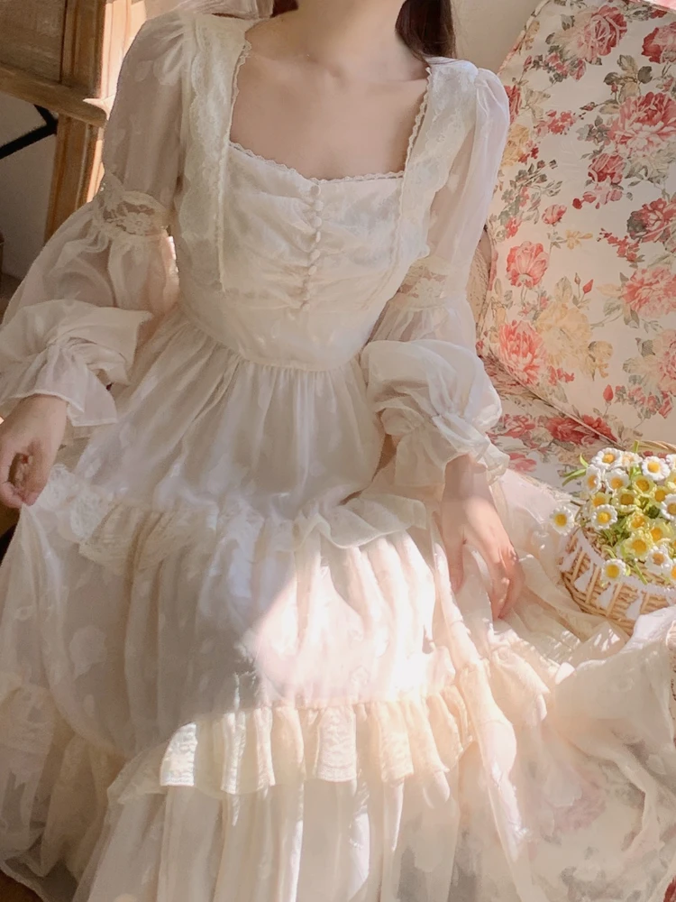 

2023 Summer Vintage Lace Dress Women French Party Midi Dress Office Lady Long Sleeve Fairy One Piece Dress Korean Fashion Chic