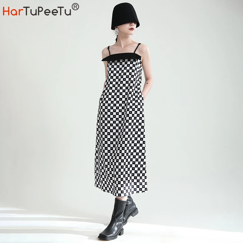 

Plaid Camisole Dress Midi Women 2022 Summer Vestidos Mujer with Spaghetti Strap Pockets High Waist Slip Dress