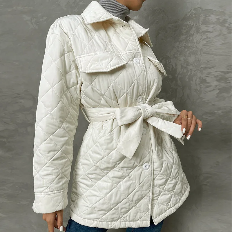 Women's Winter Clothes White Light Section Diamond Plaid Cotton Jacket Fashion Belt Section Medium-length Cotton Jacket