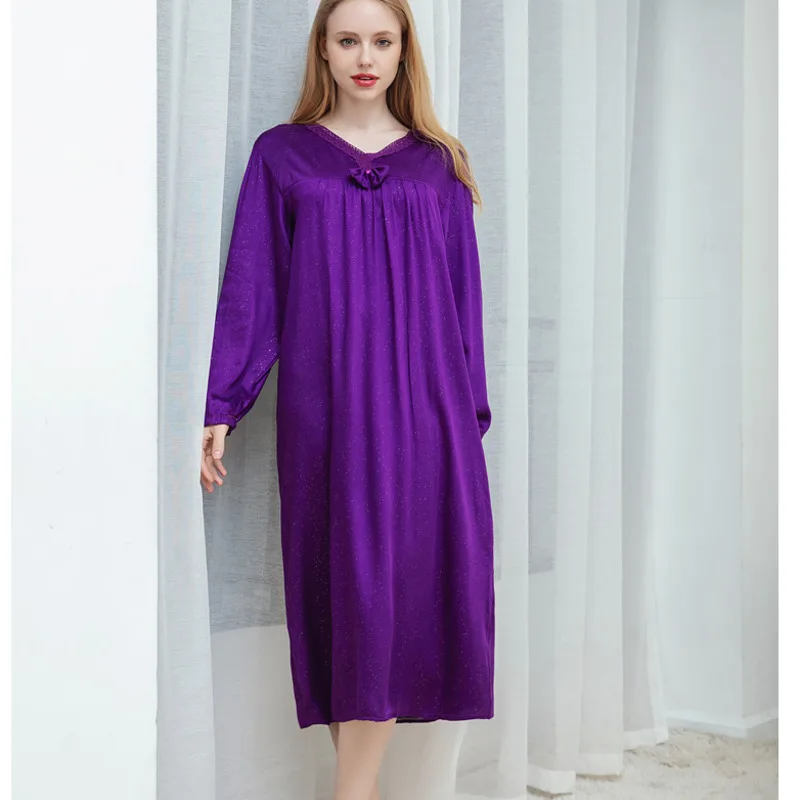 Women Nightgown Cotton Sleepshirt Long Sleeve V Neck Dress Casual Autumn Spring Nightwear Sleepwear Home Dressing Gown Plus Size