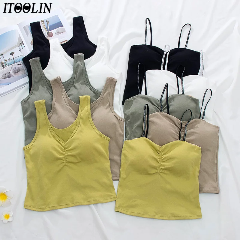 

Женский элегантный топ ITOOLIN с бюстгальтером, тонкие вязаные топы, хлопковые майки, топы с открытыми плечами для женщин