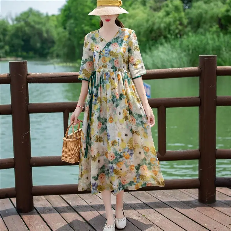 

2023 Summer Cotton And Hemp Printed Dress Women's Drawstring Waistband Fashion V-neck Long Dress