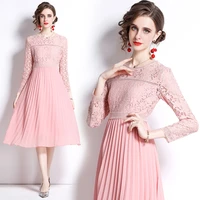 2022 spring and summer new womens wear high end temperament round neck long sleeve lace splicing large swing fashion dress