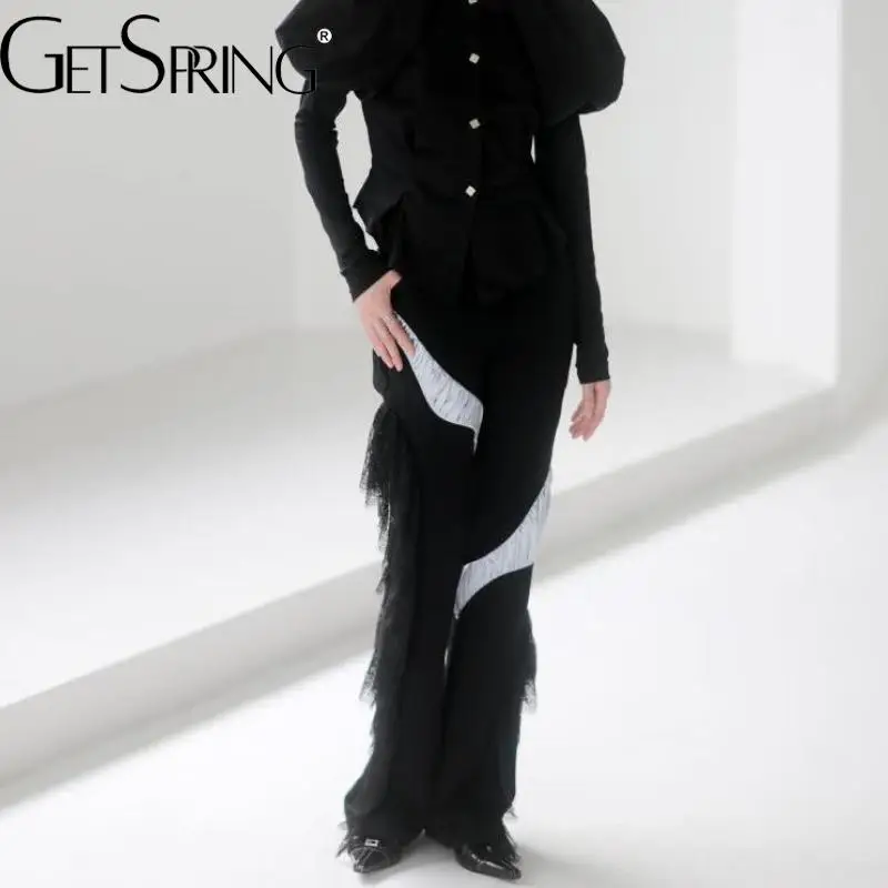 

GetSpring Women Pants Capris 2022 Autumn Patchwork Asymmetric Lace Tassel Pleated Flare Pants Fashion Long Black Trousers New