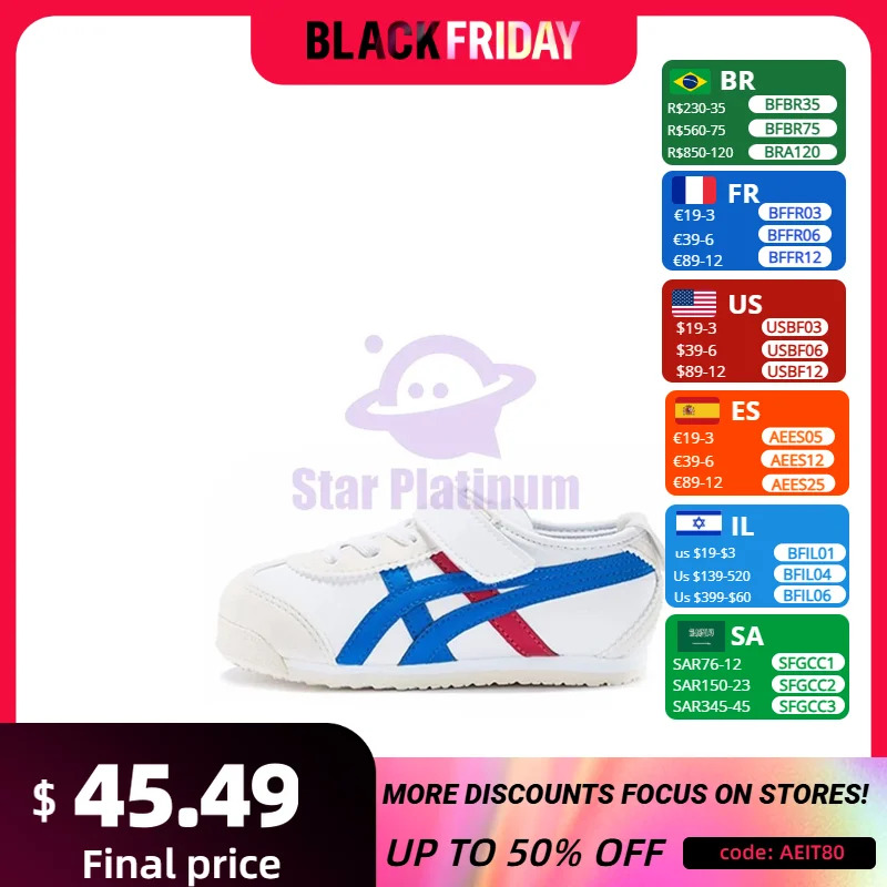 Asics Onitsuka Tiger Kids Shoes MEXICO 66 Low Top Children‘s with Magic Tape Lightweight Sneaker