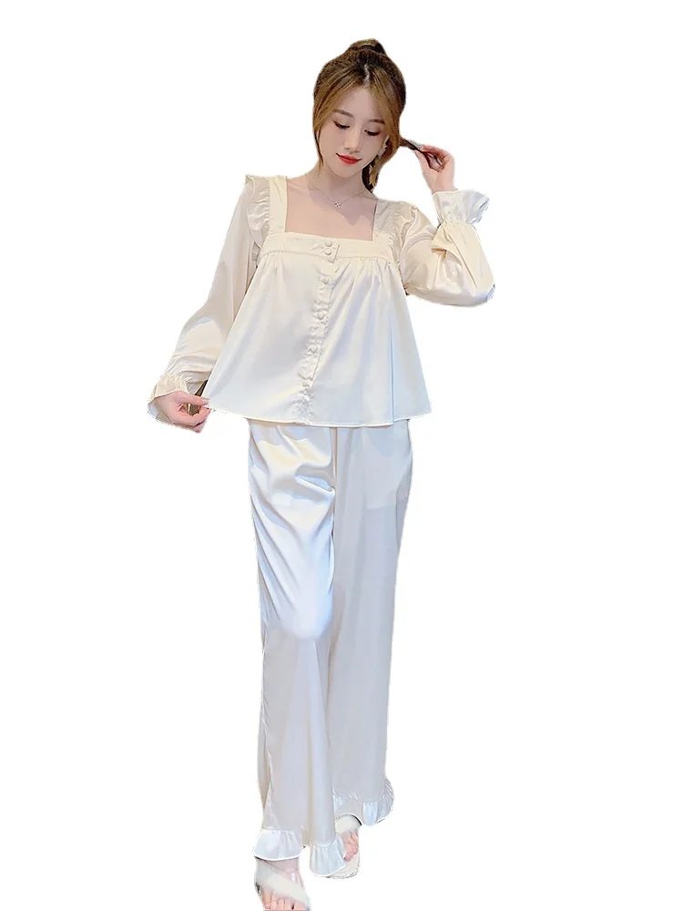 Ladies Pajamas Long-sleeved Two-piece Suit Ice Silk Thin Section  Sleep Tops Two Piece Set Summer Sexy Nightwear