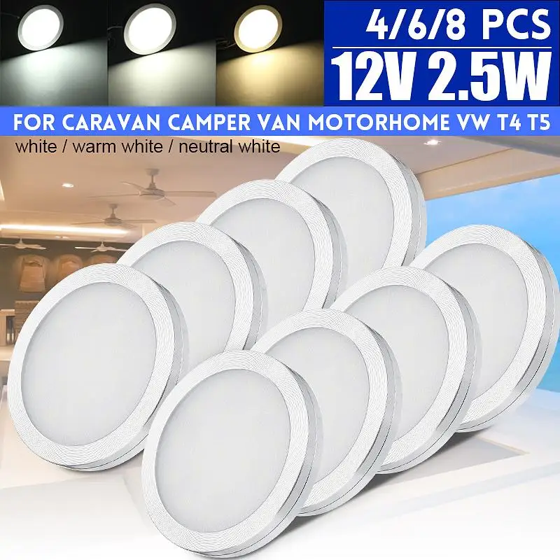 

2/4/6/8PCS 12V LED Car Round Ceiling Dome Roof Light Interior Light Lamp For VW T4 T5 Camper Van Caravan Motorhome Boat RV Van