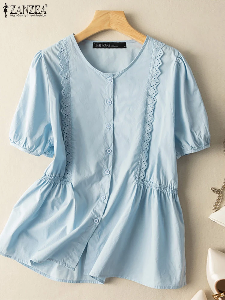 

Женская кружевная блузка ZANZEA в стиле пэчворк, однотонная блузка с коротким рукавом и круглым вырезом, блузка с коротким рукавом, лето 2023, жен...